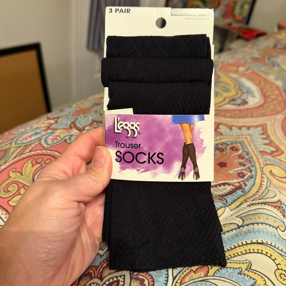 L'eggs Trouser Socks 3 Pair Pack Black Diamond Smooth Knee High Shoe Size 5-9